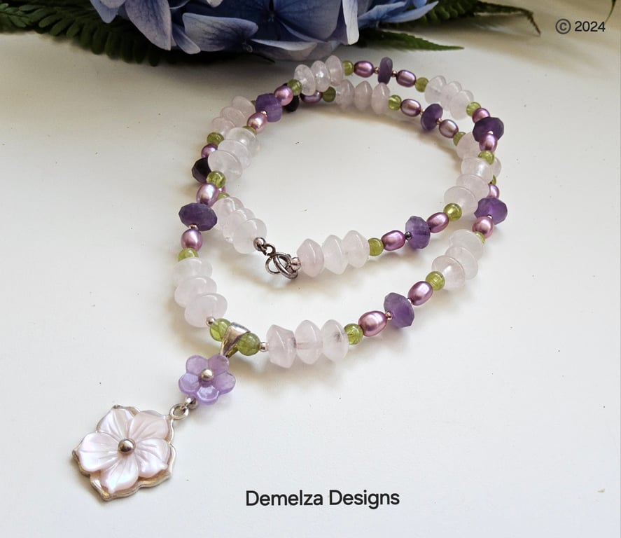 Rose Quartz, Freshwater Pearl, Peridot & Amethyst Sterling Silver Necklace 