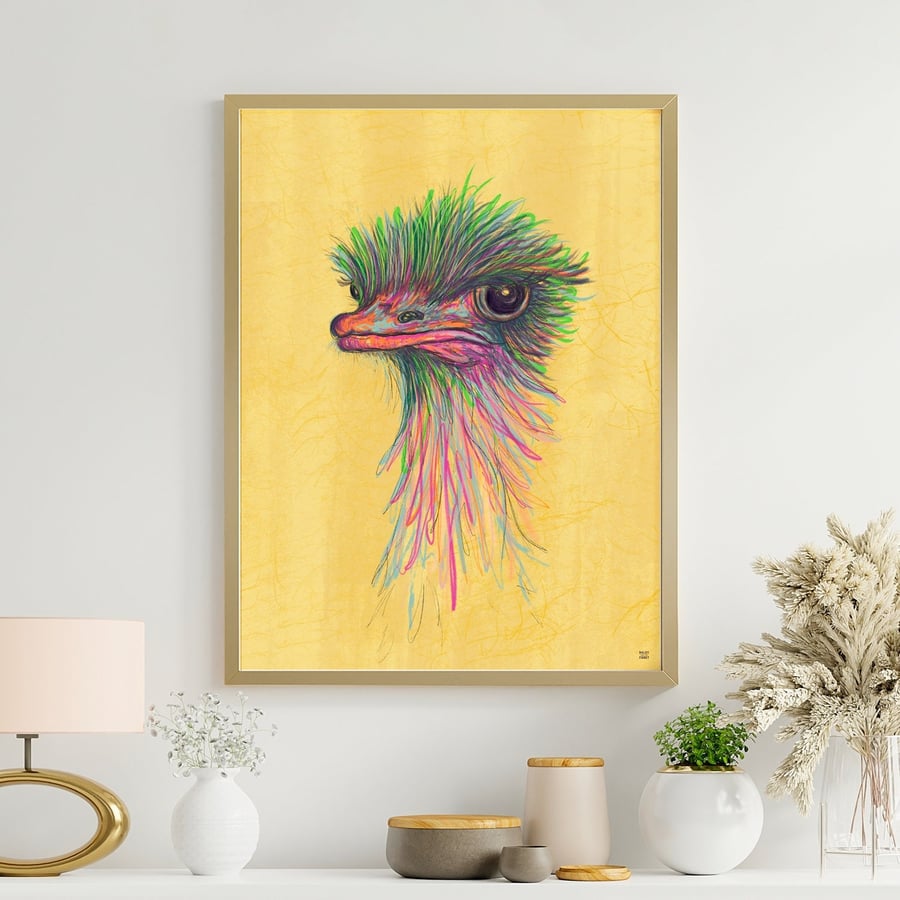 Ostrich Wall Art Print, Bird Print, Ostrich Print, Ostrich Art, Emu Print, A4