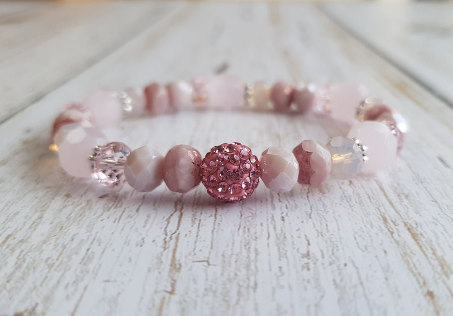 Elasticated Bracelet - Pink Encrusted Rhinestone and Mixed Bead Bracelet
