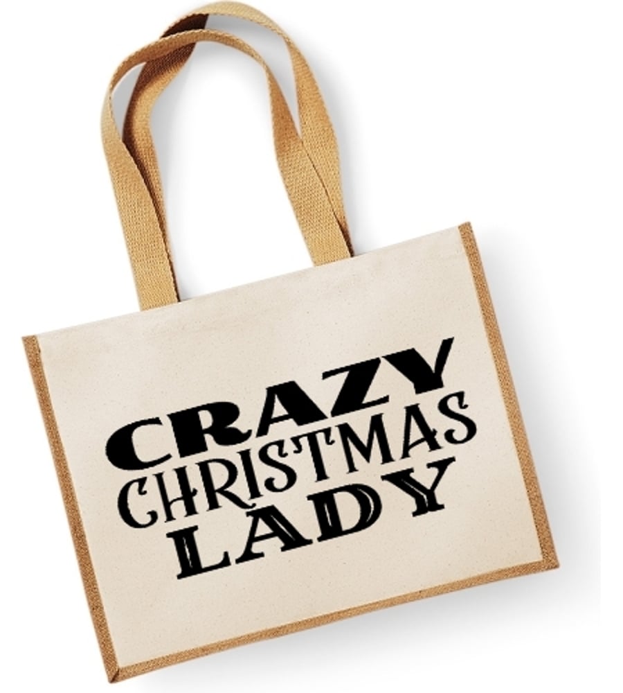 Crazy Christmas Lady -   Large Christmas Jute Shopper Bag 