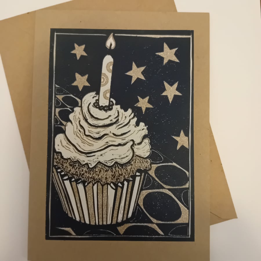Lino print cupcake greetings card black and gold 
