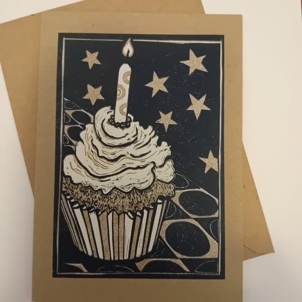Lino print cupcake greetings card black and gold 