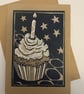 Lino print cupcake greetings card black and gold 