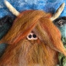 Unframed needlefelted wool Highland Cow picture