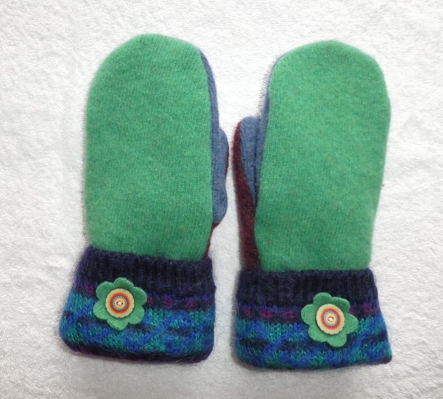 Mittens Created from Up-cycled Wool Jumpers.Fully Lined. Mohair Cuff