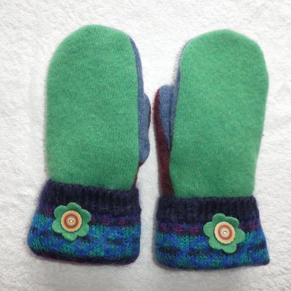 Mittens Created from Up-cycled Wool Jumpers.Fully Lined. Mohair Cuff