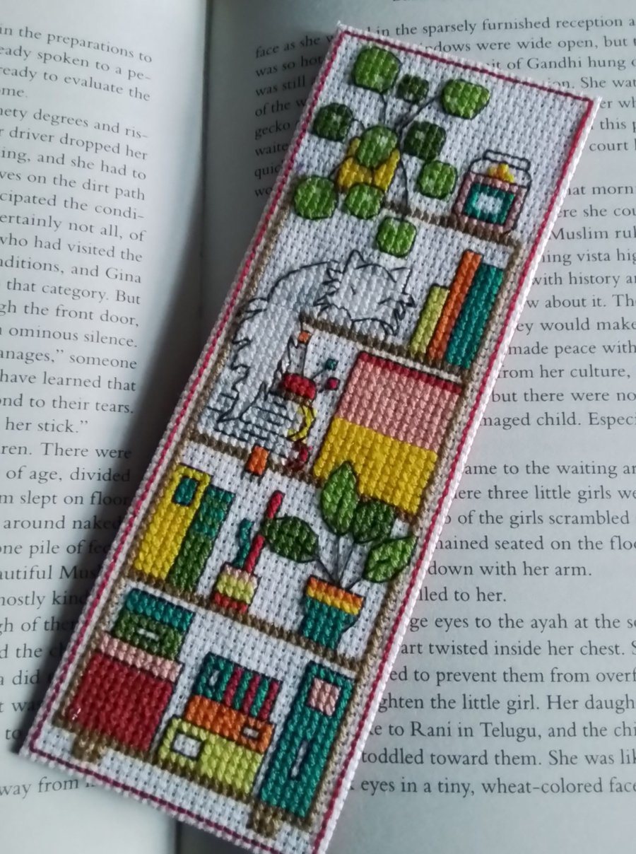 White Cat on Bookshelves Bookmark,  Cat Lover Gift, Cat Bookmark - Red Border