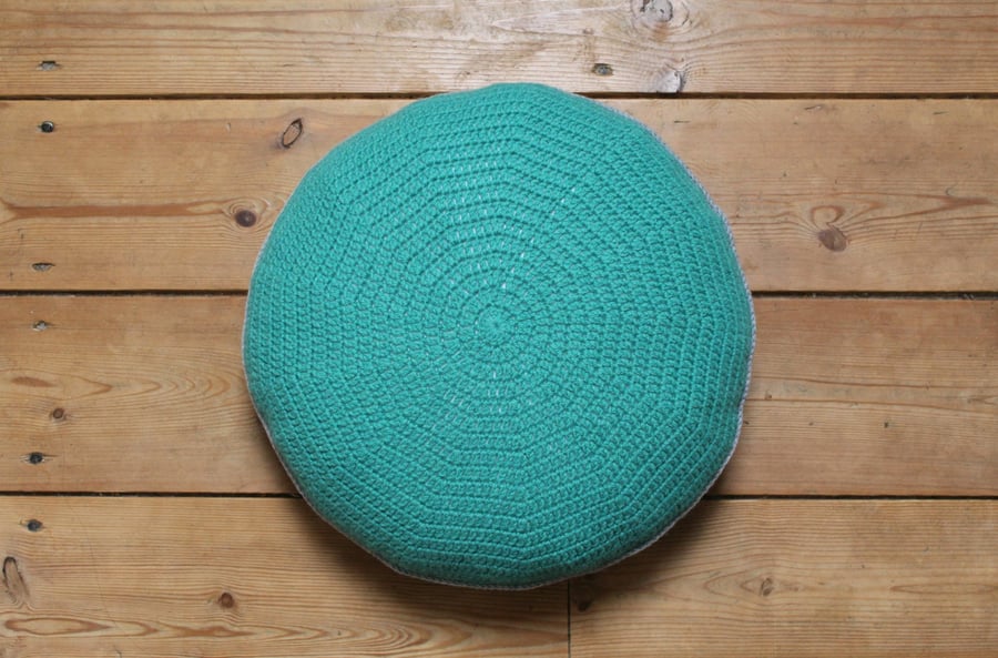 Teal Green Round Crocheted Cushion