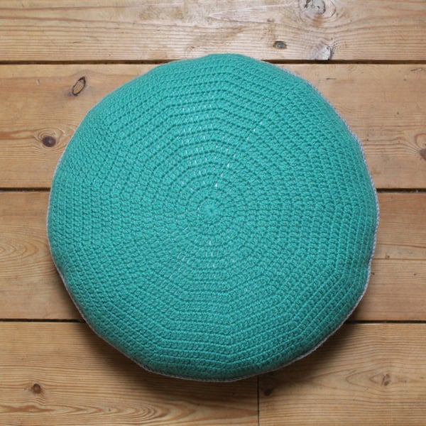 Teal Green Round Crocheted Cushion