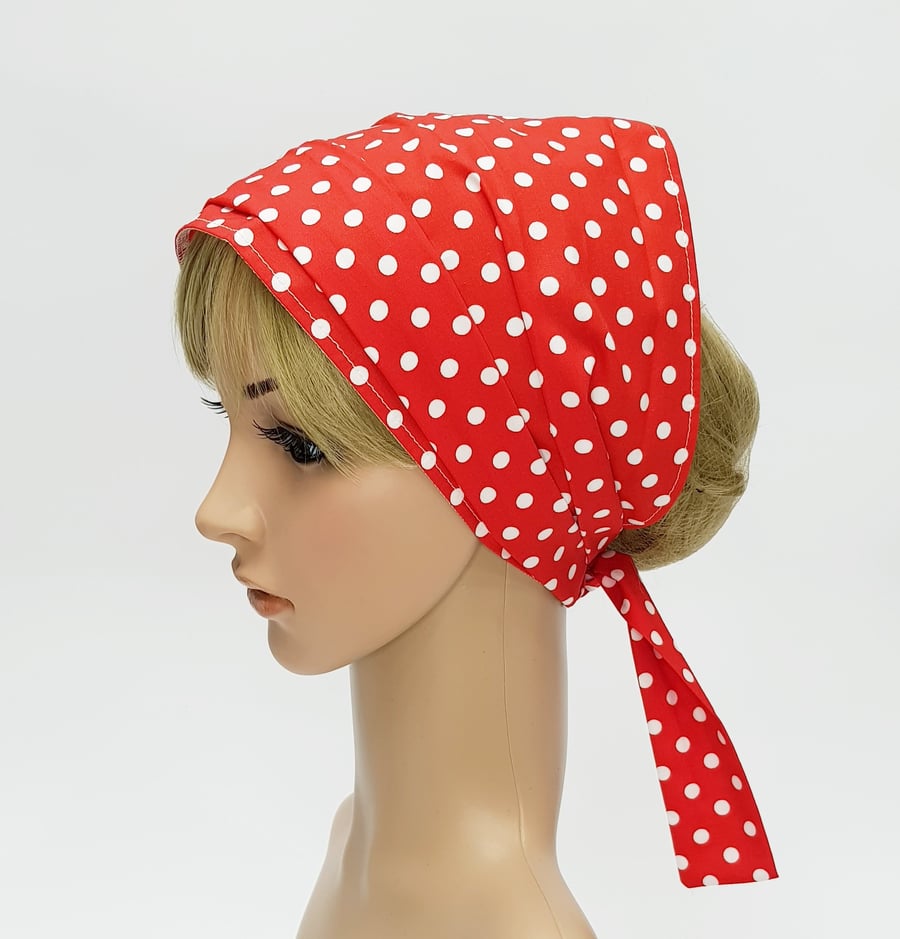 Red and white polka dot hair scarf, wide cotton head scarf, nurse hair cover