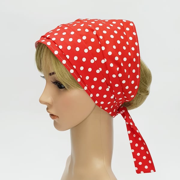 Red and white polka dot hair scarf, wide cotton head scarf, nurse hair cover