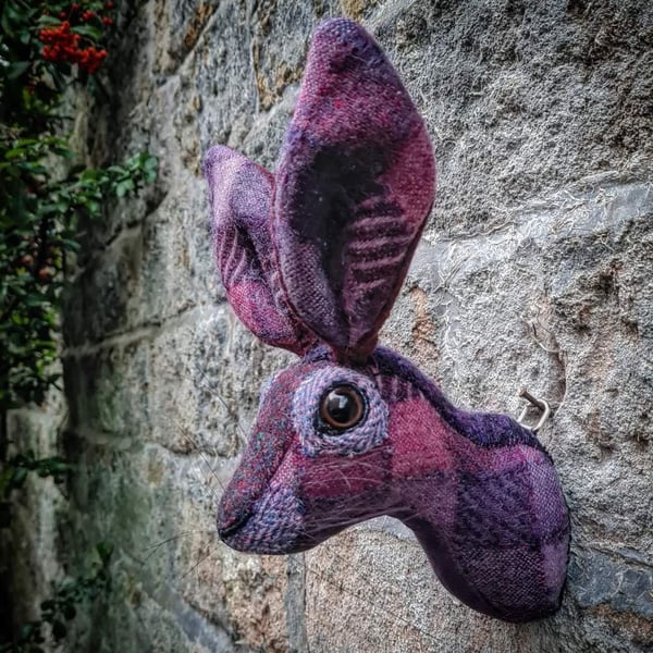 Faux hare head wall mount in purple and lilac tweed