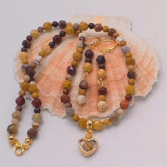 Mookaite Bead Necklace with Gold Plated Heart Pendant and Earrings, Gift for Her