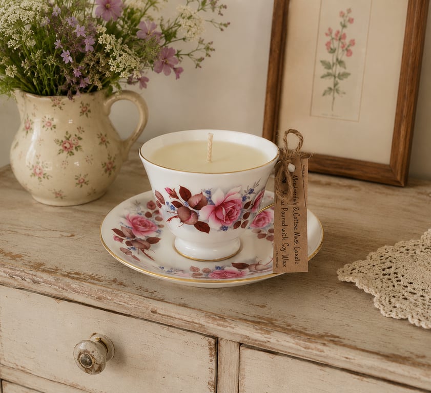 Meadow Lily and Cotton Tea Cup Candle with Saucer Summer Seconds