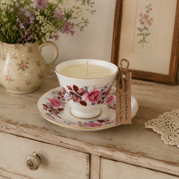 Meadow Lily and Cotton Tea Cup Candle with Saucer Summer Seconds