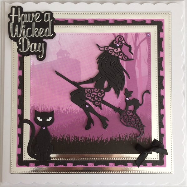 Pagan Halloween Card Have a Wicked Day Sexy Witch Cats 3D Luxury Pink 5