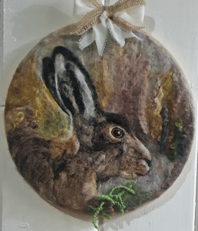 2D Needlefelted Hare picture mounted in a 30cm embroidery hoop