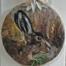2D Needlefelted Hare picture mounted in a 30cm embroidery hoop