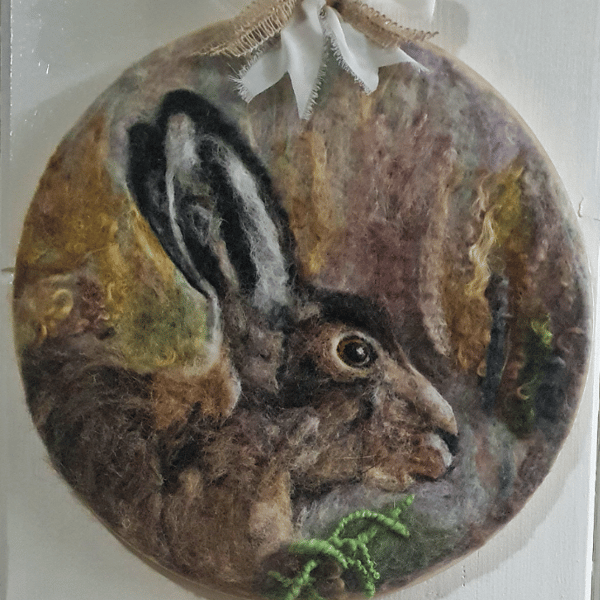 2D Needlefelted Hare picture mounted in a 30cm embroidery hoop