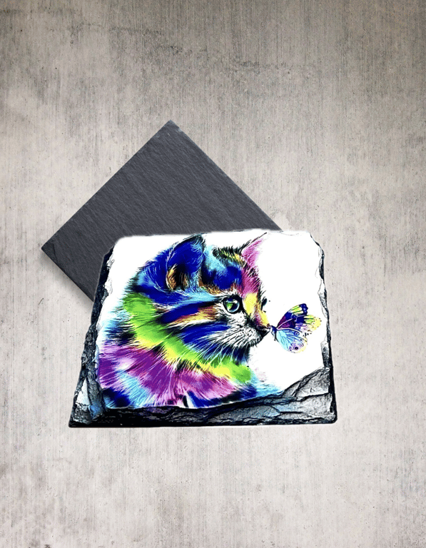 Rainbow cat and butterfly coaster, Vibrant rock slate cat lover gift