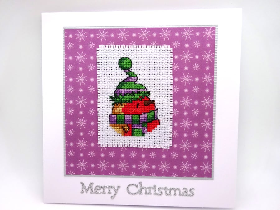 robin cross stitched Christmas card