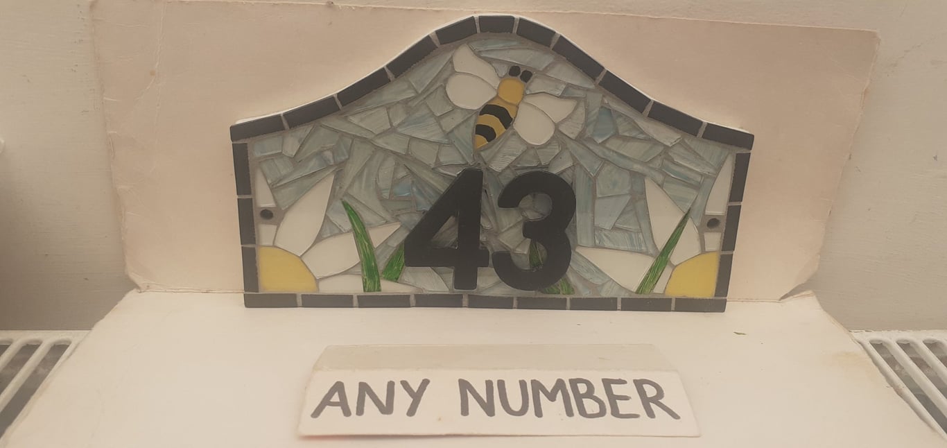 Bee Bumblebee Glass Mosaic House Number Plate Plaque Door Sign 