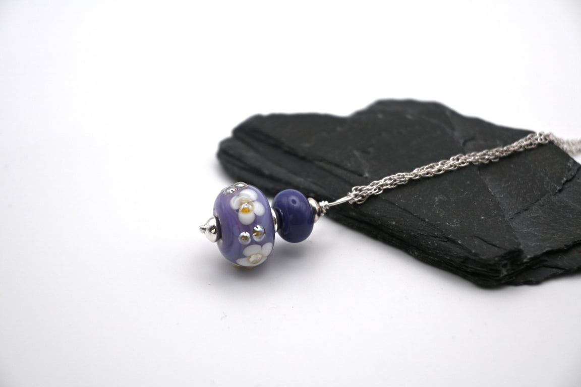 purple lampwork glass flower pendant necklace