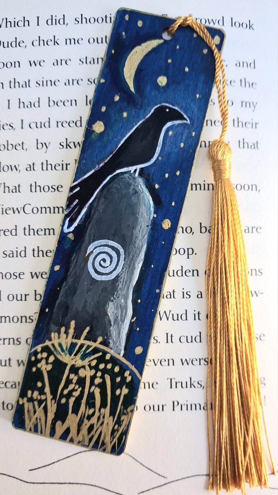 Hand Painted OOAK Wooden Mystical Bookmark Raven And Standing Stone