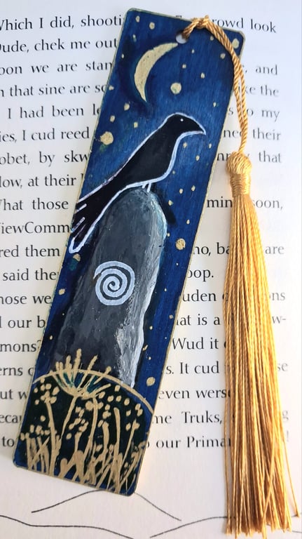 Hand Painted OOAK Wooden Mystical Bookmark Raven And Standing Stone