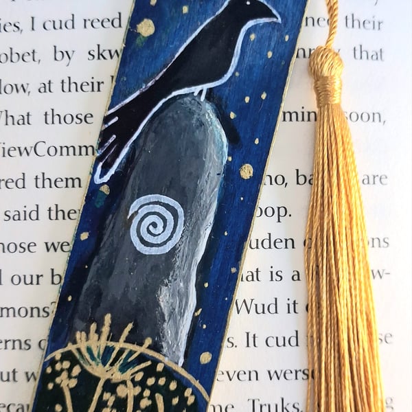 Hand Painted OOAK Wooden Mystical Bookmark Raven And Standing Stone