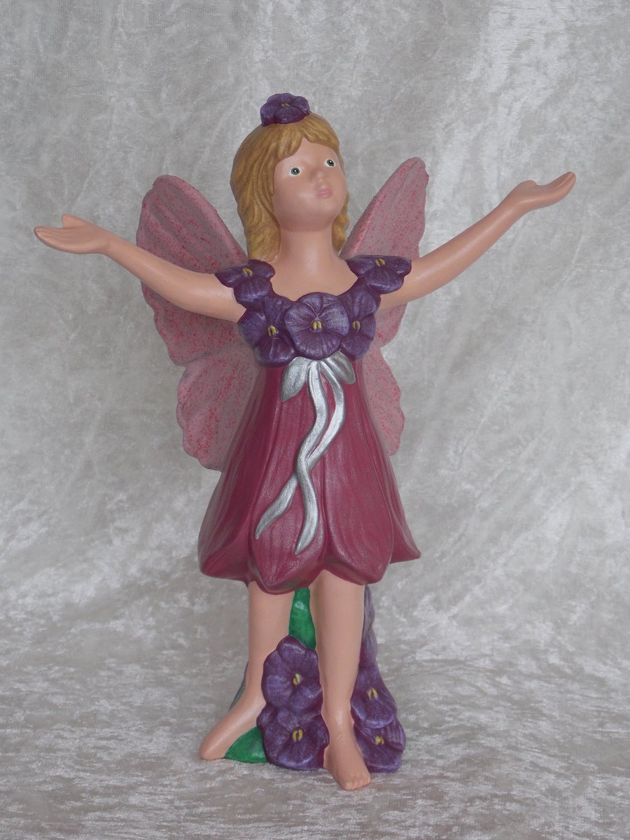 Hand Painted Standing Ceramic Purple Pink Pansy Flower Fairy Figurine Ornament.
