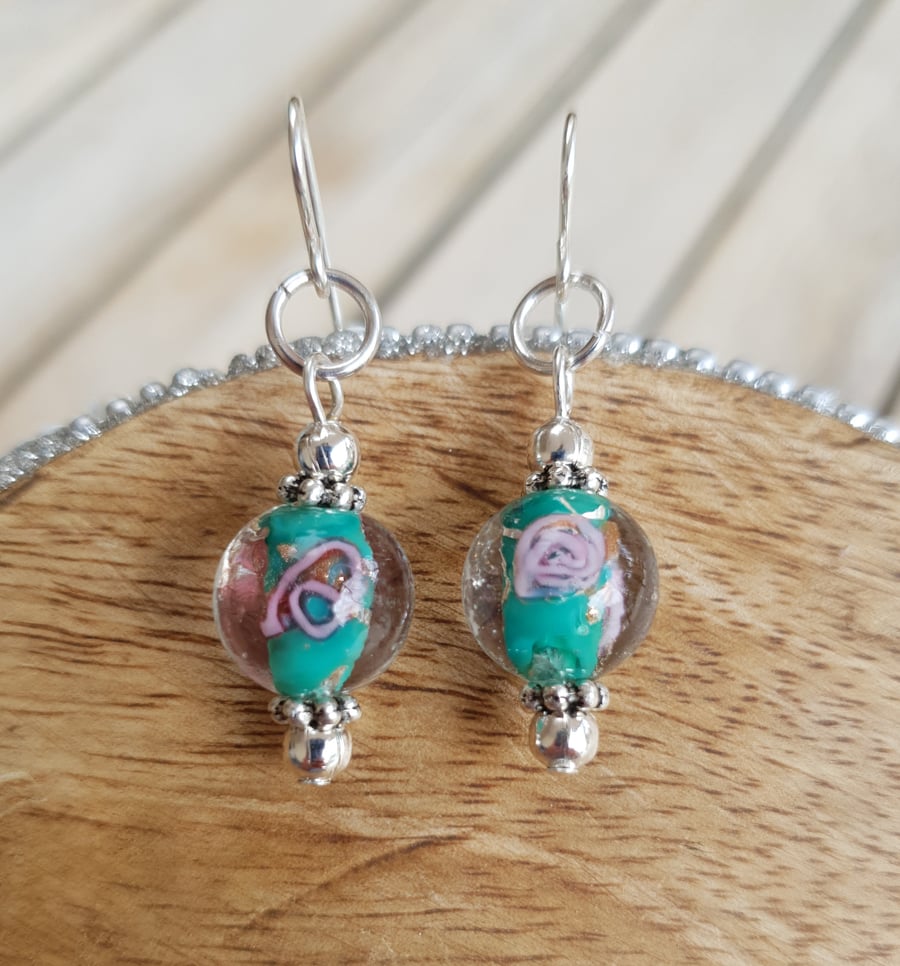 Lampwork Glass Bead Dangle Earrings - Turquoise & Pink Swirl
