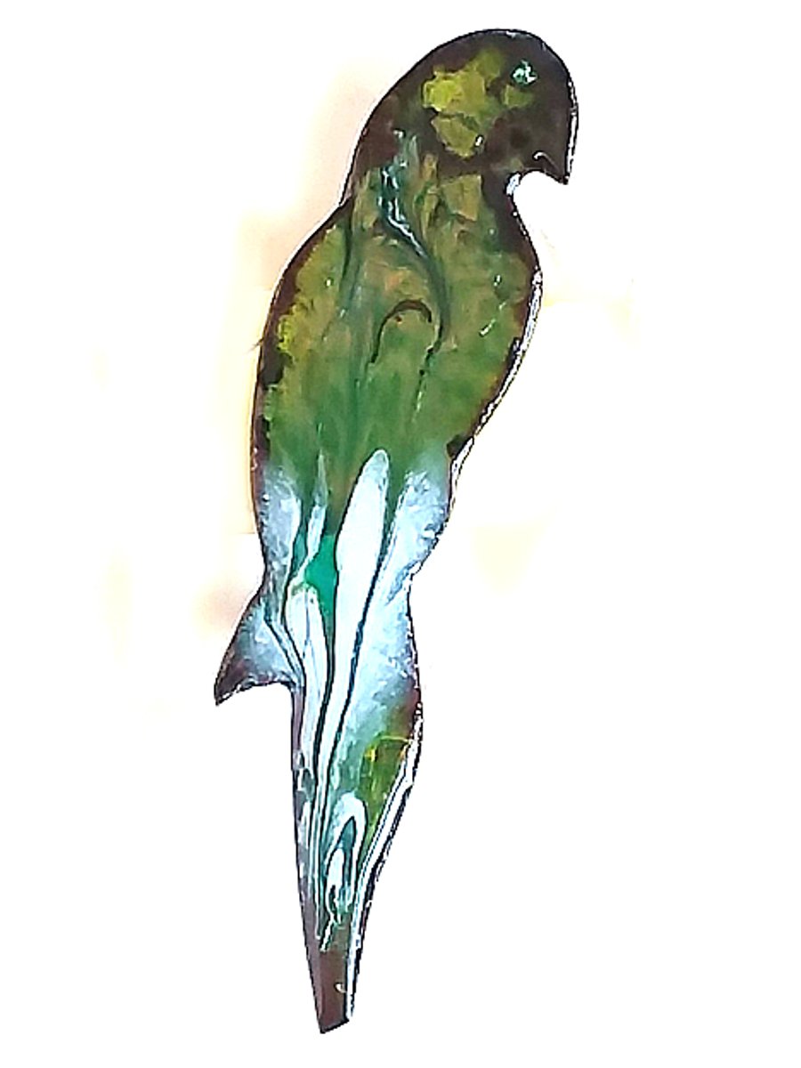 brooch - parrot, scrolled green and white on clear enamel