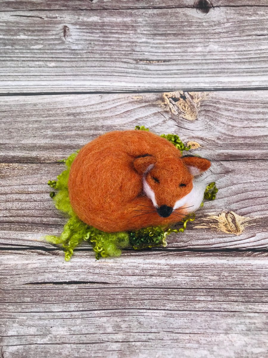 Needle Felted Woolly Sleeping Fox on Wooden Base - handmade countryside gift 