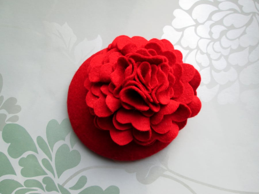 Red Fascinator Hat - Peony Flower Fascinator, Felt Cocktail Hat, Wedding