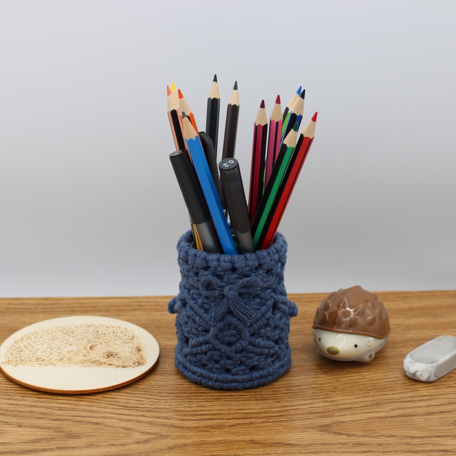 Blue macrame covered jar