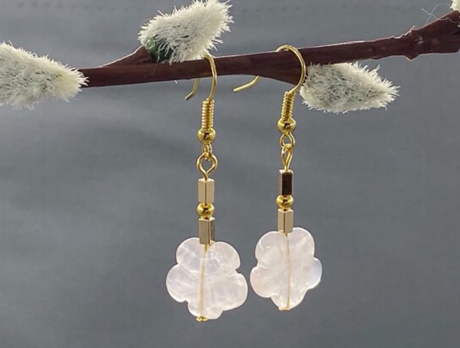 Dainty Rose Quartz Flower Earrings with Gold Hematite - Pierced or Clip