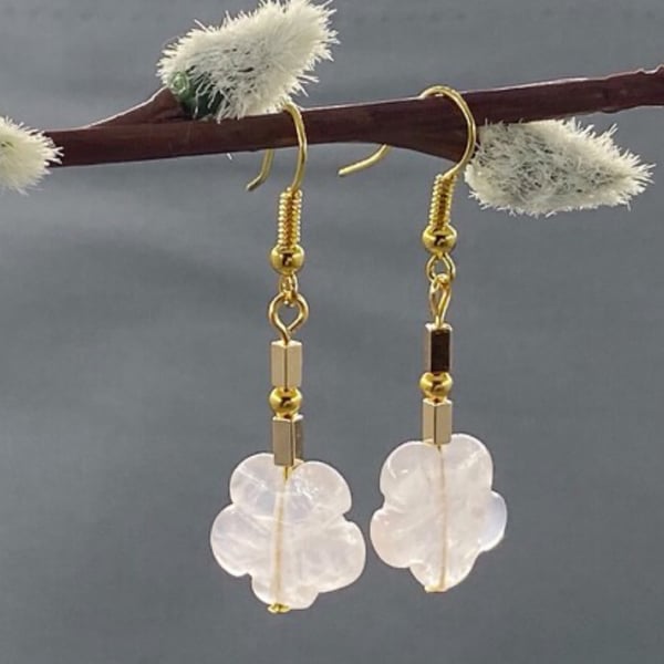 Dainty Rose Quartz Flower Earrings with Gold Hematite - Pierced or Clip