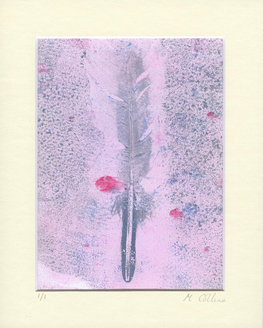 'Feather in Abstract Pink' - Original monoprint in acrylic with cream mount