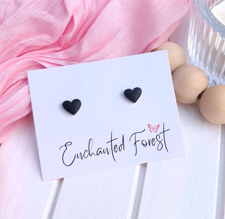 Black Mini Heart Stud Earrings, Minimalist Jewellery, Accessories & Gifts