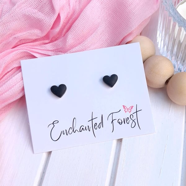 Black Mini Heart Stud Earrings, Minimalist Jewellery, Accessories & Gifts