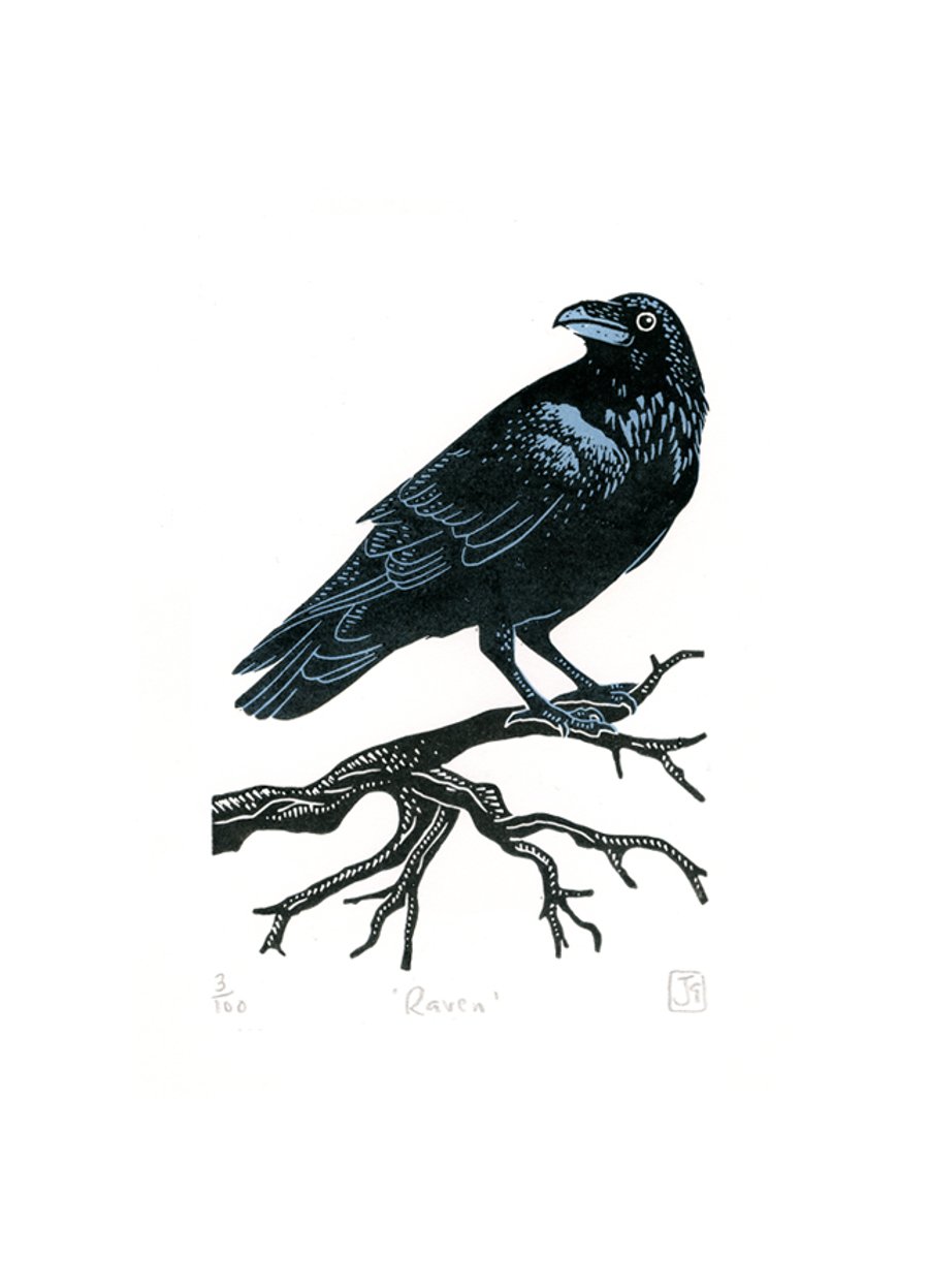 Raven two-colour linocut print