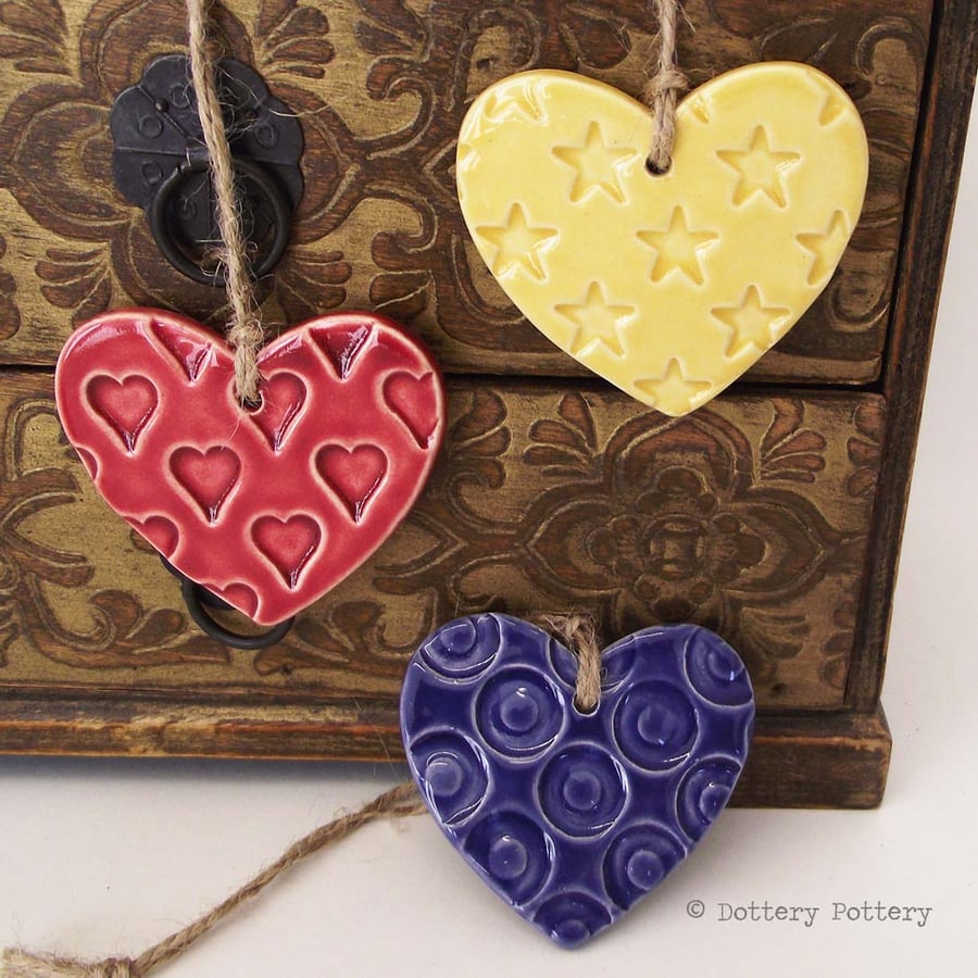 Ceramic Heart decorations set of three pottery hearts bright colours