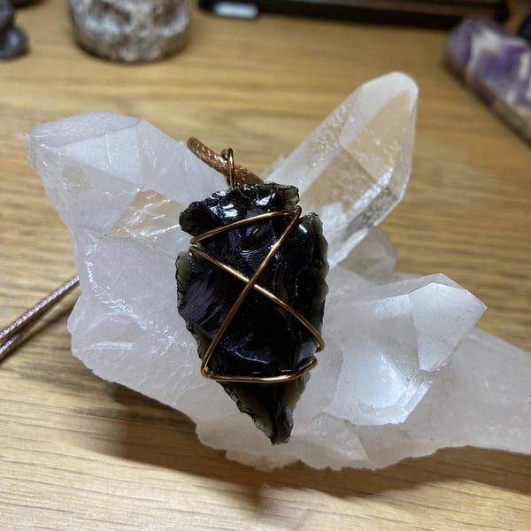 Wire Wrapped Obsidian Arrowhead Pendant