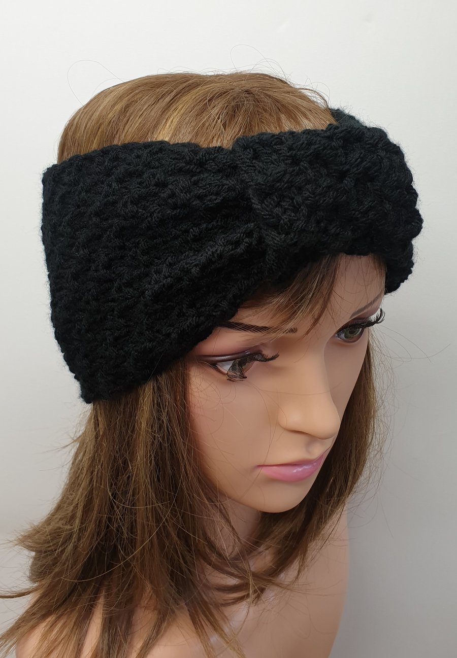Hand knitted black women headband handmade turban headband knit head wear
