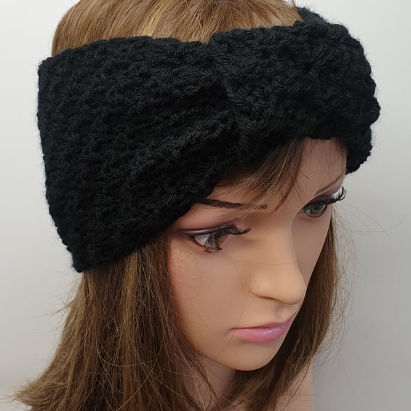 Hand knitted black women headband handmade turban headband knit head wear
