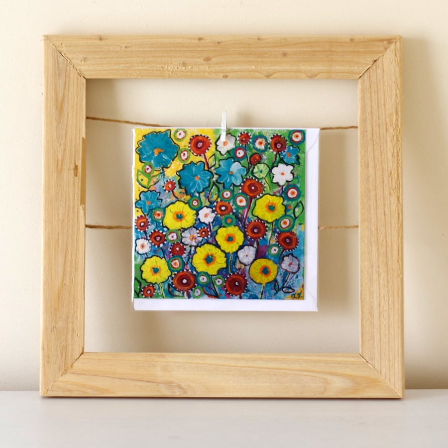 Summer Flowers Card, Artist Blank Card, Yellow and Turquoise Floral Card