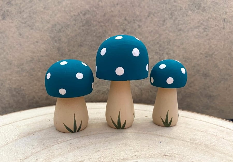 Teal Wooden Mushroom Ornaments