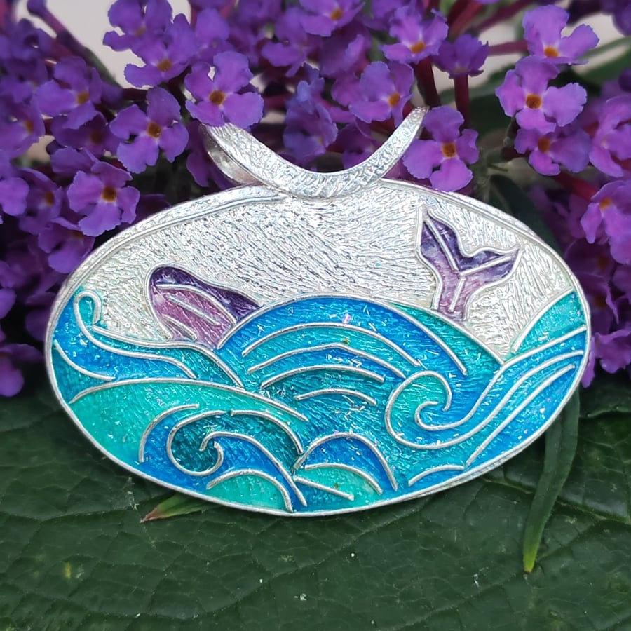 Handmade fine silver and enamel whale pendant 
