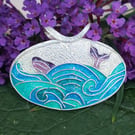 Handmade fine silver and enamel whale pendant 